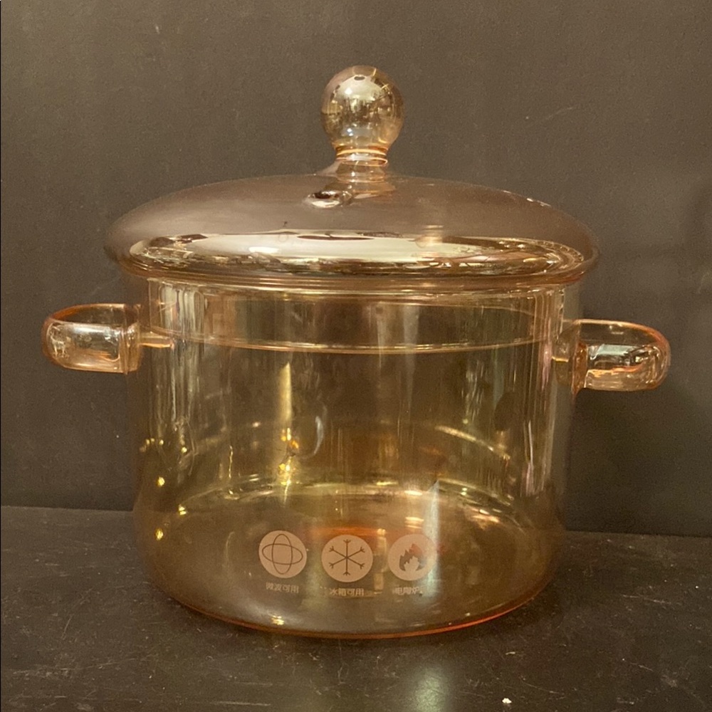 Amber Glass Simmer Pot w/Cover for Stovetop 50 Fl Saucepan Double Handle